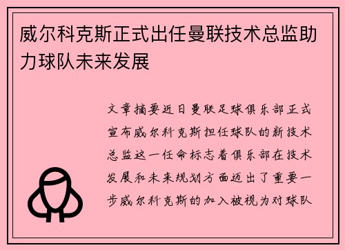 威尔科克斯正式出任曼联技术总监助力球队未来发展